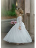 Long Sleeve Ivory Lace Tulle V Back Flower Girl Dress